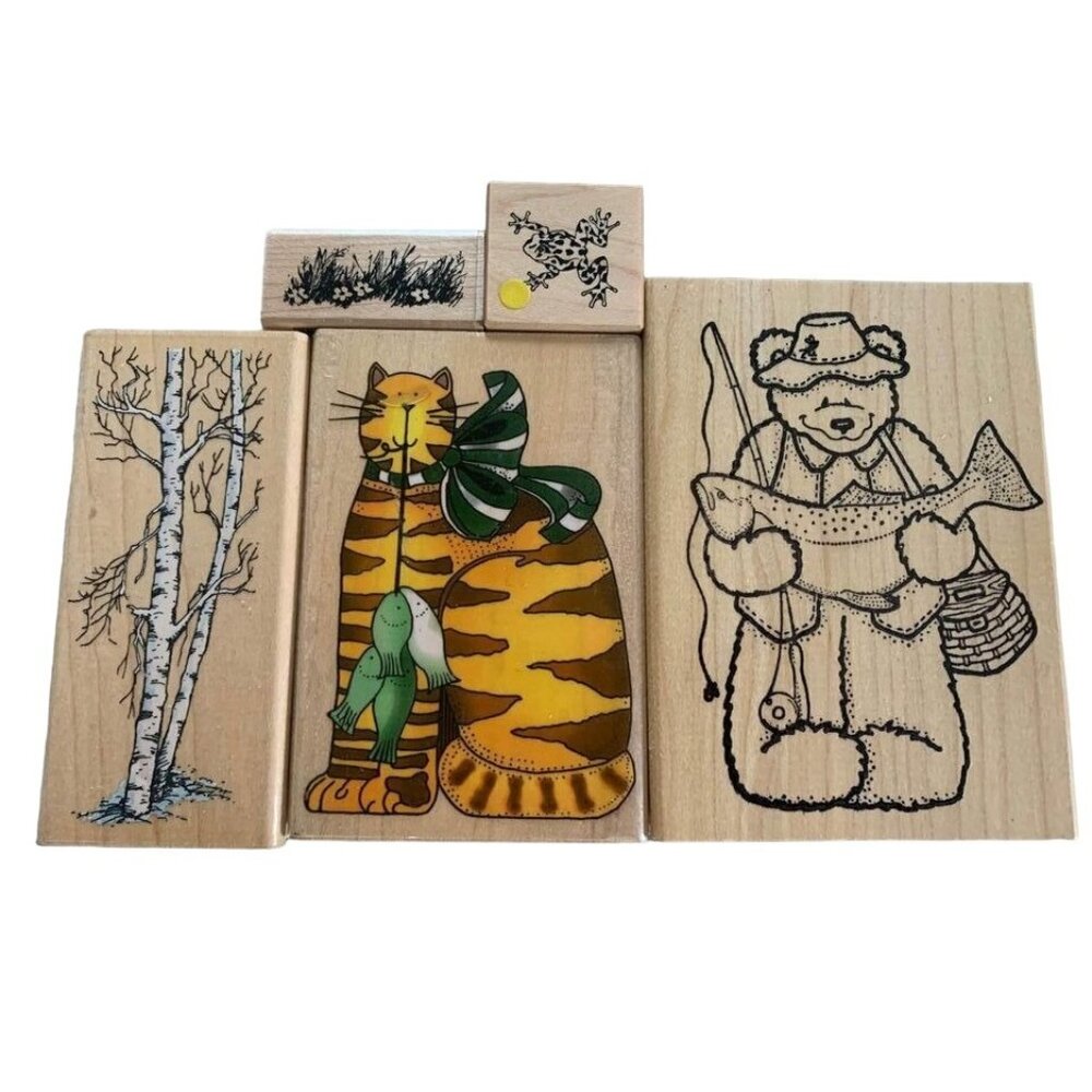 Wood Mounted Rubber Stamp Lot Vintage Cat Bear Tree Frog Grasslands Ink Patterns